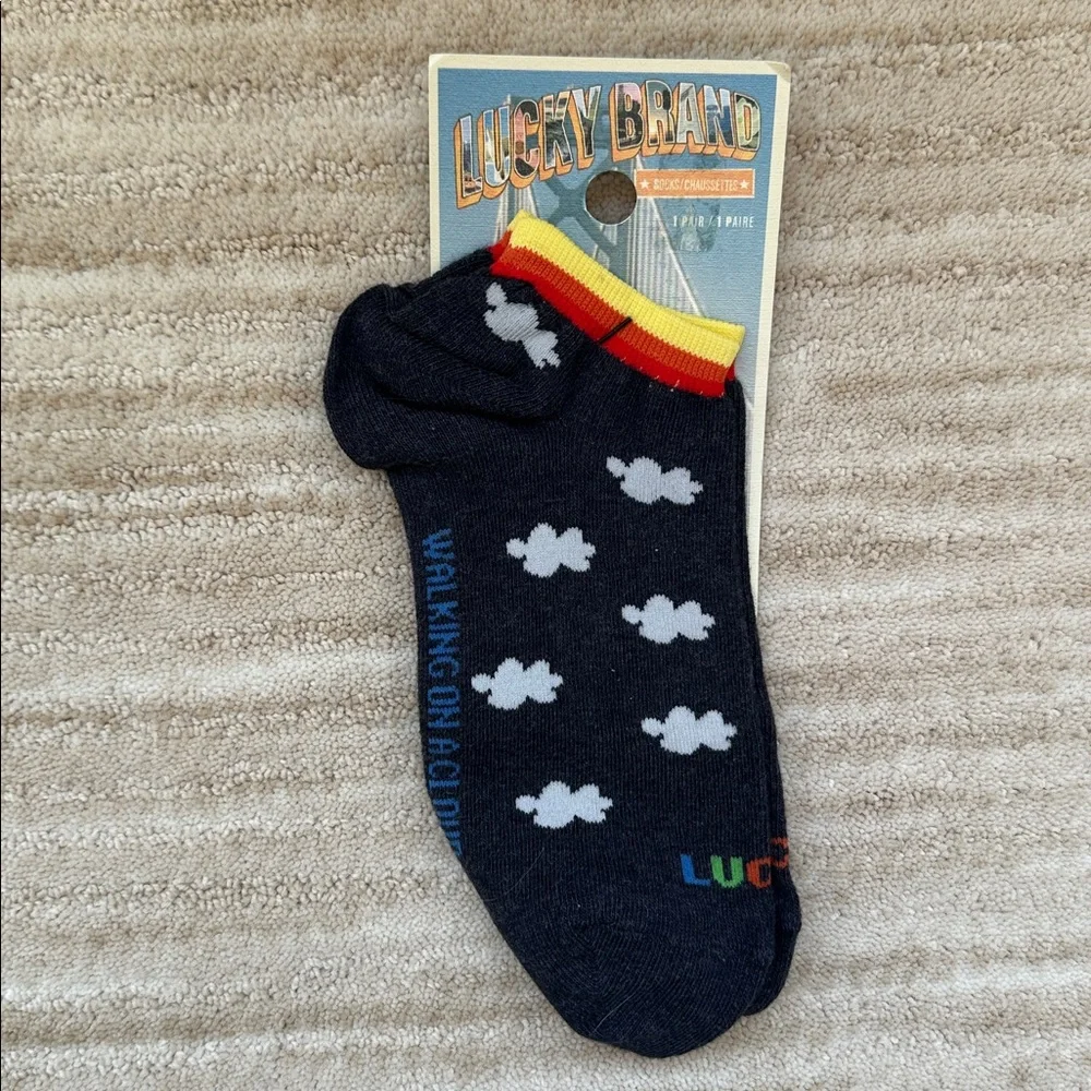 NWT 2 Pairs of Lucky Brand Walking on a Cloud Socks Black Blue Pair with Clouds